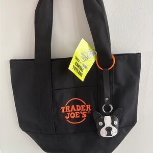 Trader Joe's mini canvas Tote Bag black with puppy dog bag charm trick or treat